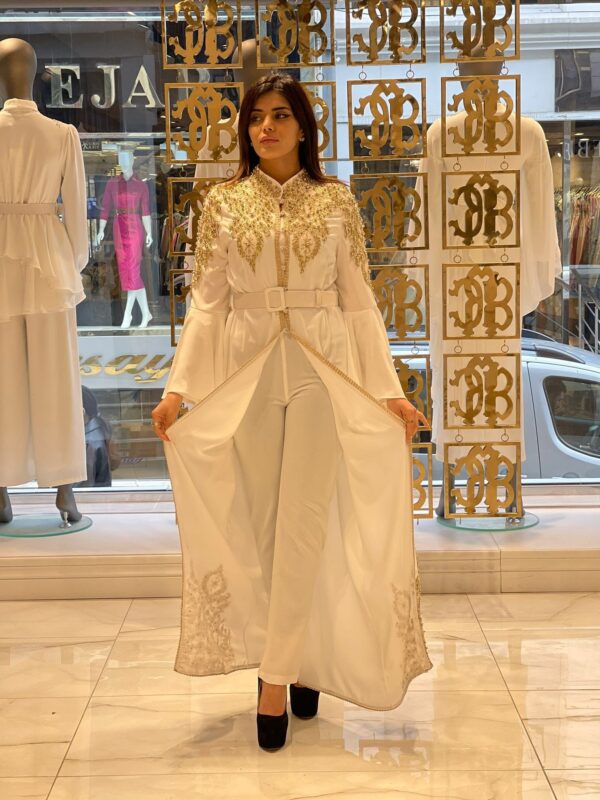 Royal White Embellished Cape Jumpsuit