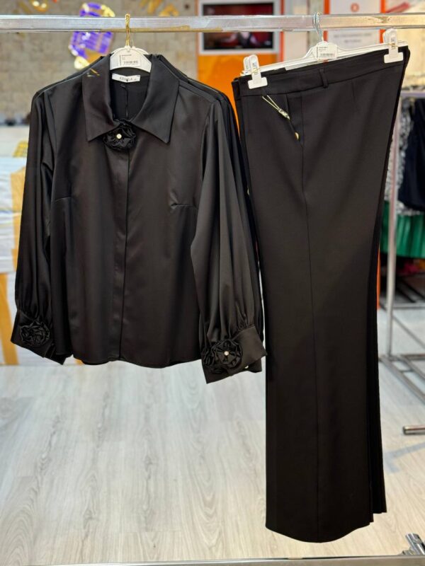 Elegant Black Satin Blouse & Tailored Trouser Set