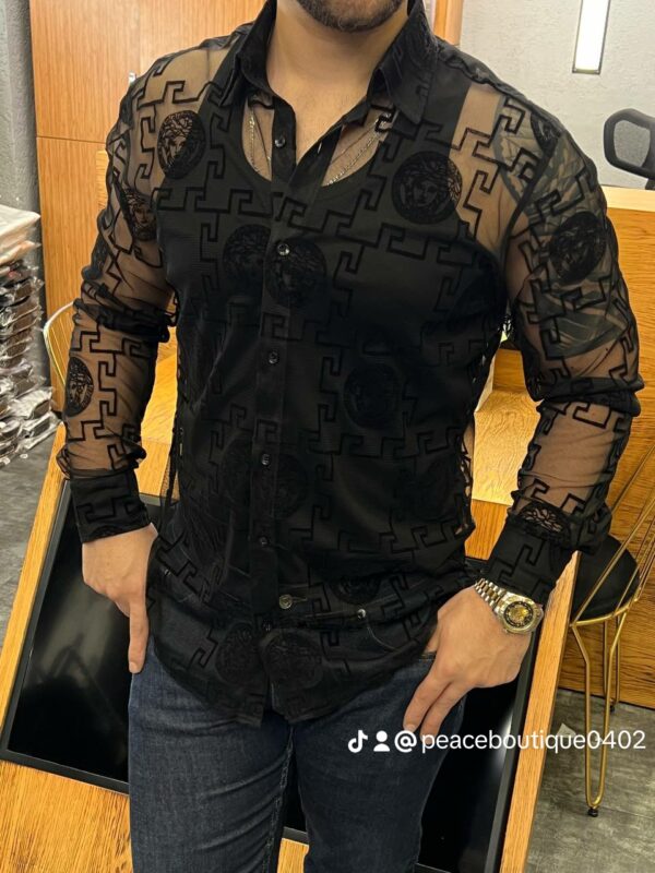 Men's Sheer Black Greek Key & Medusa Pattern Shirt