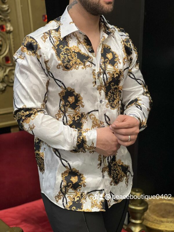 Men's Baroque Gold & Black Chain Print Satin Shirt