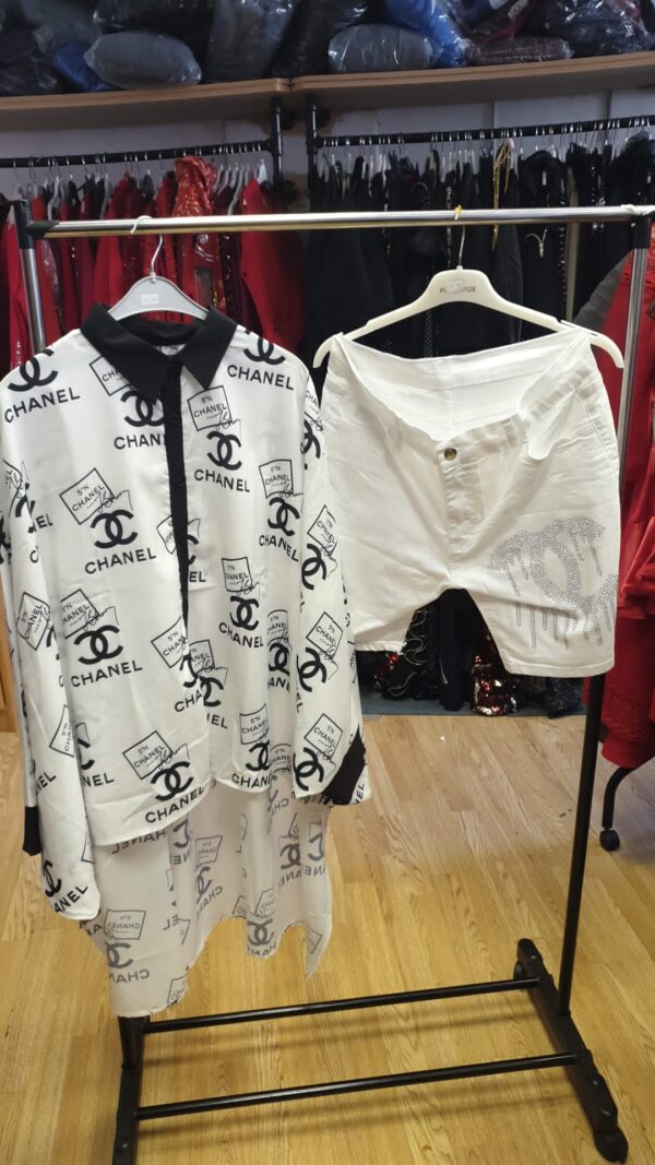 Chanel-Inspired Two-Piece Set – White Monogram Shirt & Rhinestone Shorts